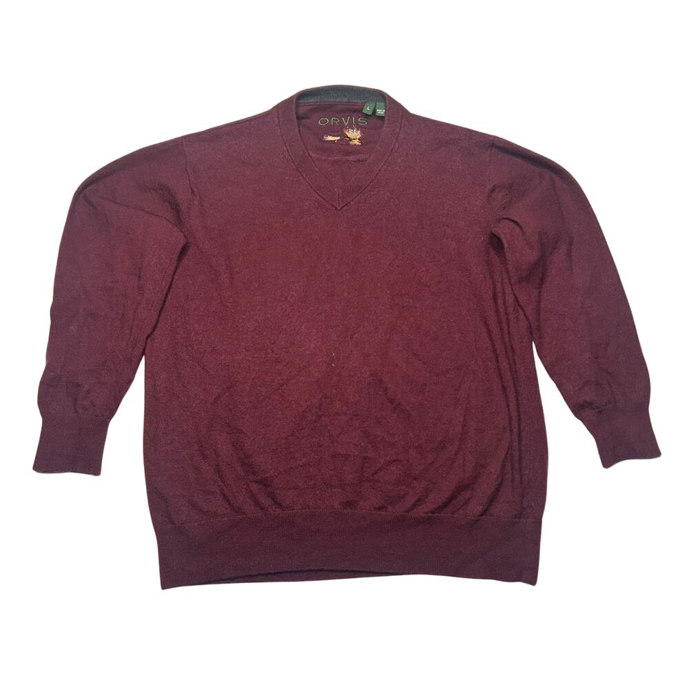 Orvis Men's L 100% Merino Wool V-Neck Sweater Burgundy Fly Fishing Lure Knit